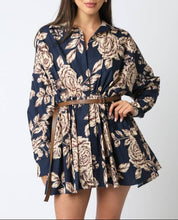 Load image into Gallery viewer, Midnight Blue Floral Belt Long Sleeve Dress
