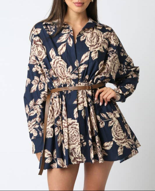 Midnight Blue Floral Belt Long Sleeve Dress