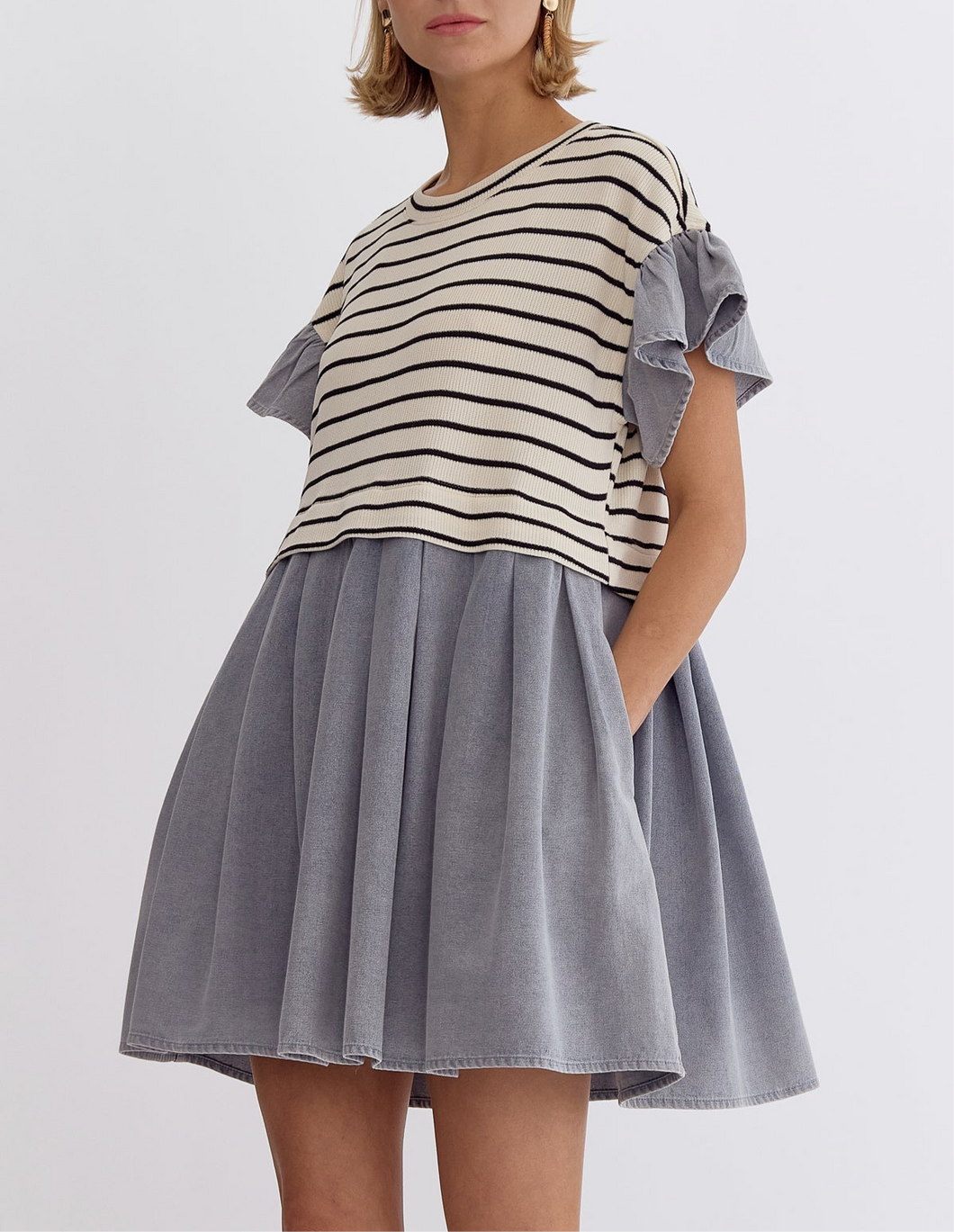 Striped Ruffle Denim Babydoll Dress