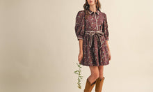 Load image into Gallery viewer, Plum Wine Floral Puff Sleeve Dress
