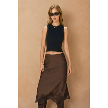Load image into Gallery viewer, Dark Chocolate Satin Lace Hem Pencil Skirt
