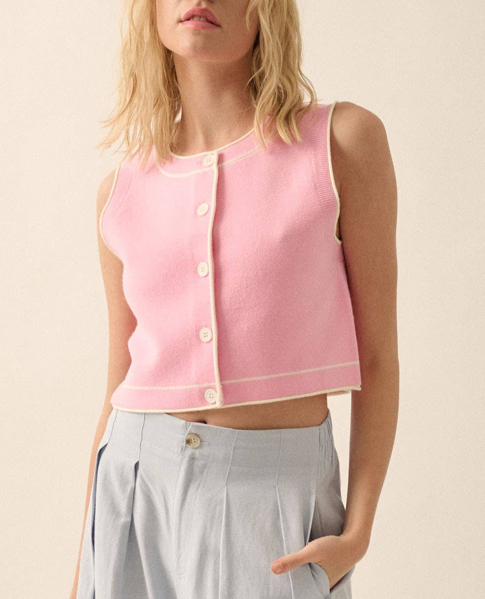 Baby Pink Button-Front Cropped Knit Top