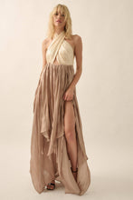 Load image into Gallery viewer, Grecian Goddess Satin Crisscross Halter Maxi Dress
