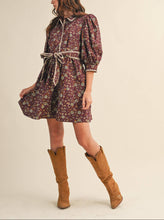 Load image into Gallery viewer, Plum Wine Floral Puff Sleeve Dress
