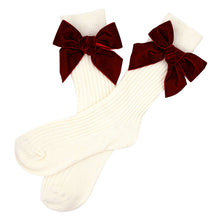 Load image into Gallery viewer, Ivory &amp; Burgundy Velvet Bow Cotton Socks Ornament
