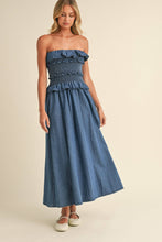 Load image into Gallery viewer, Ruffled Strapless Denim Midi Dress
