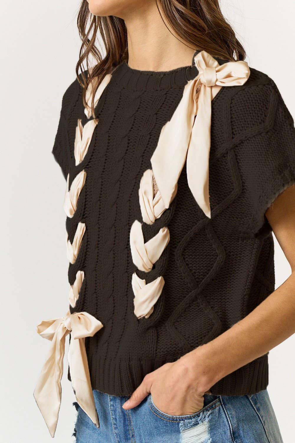 Satin Bow Cable Knit Sweater Vest Top