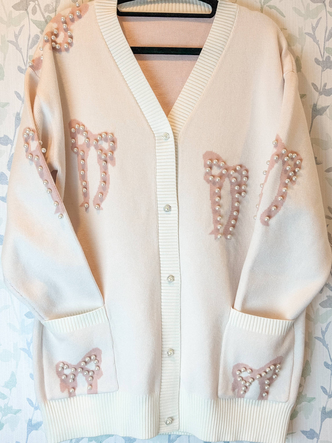 Pearl Bow White Cardigan Sweater