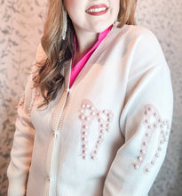 Load image into Gallery viewer, Pearl Bow White Cardigan Sweater

