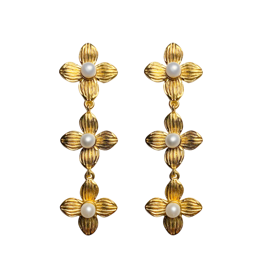 Bloom Gold & Pearl Triple Earrings