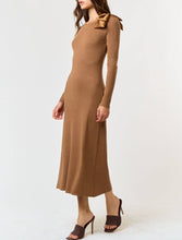 Load image into Gallery viewer, Mocha Shoulder Satin Bow Sweater Midi Dress
