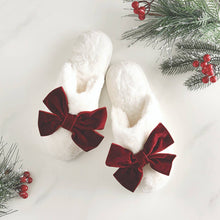 Load image into Gallery viewer, Ivory &amp; Burgundy Velvet Bow Slippers

