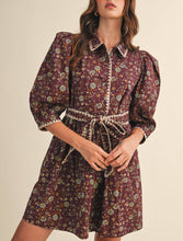 Load image into Gallery viewer, Plum Wine Floral Puff Sleeve Dress
