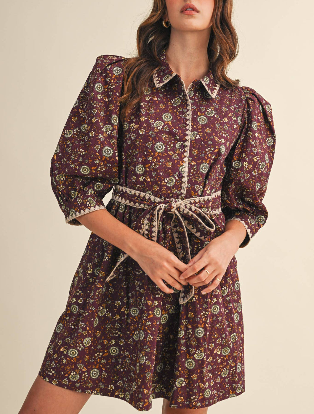 Plum Wine Floral Puff Sleeve Dress