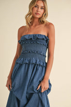Load image into Gallery viewer, Ruffled Strapless Denim Midi Dress
