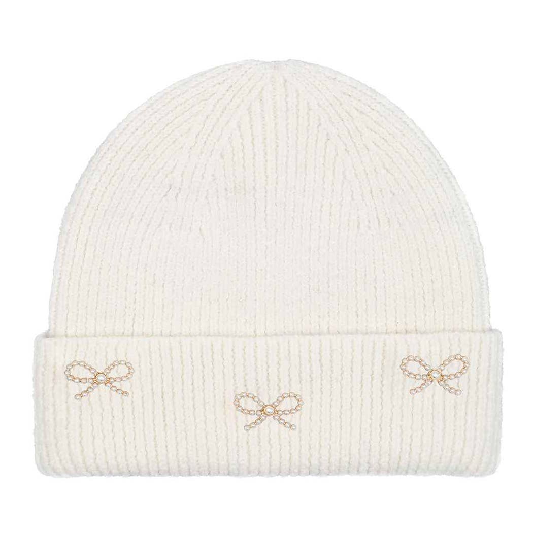 Pearl Bow Embellished Winter Beanie