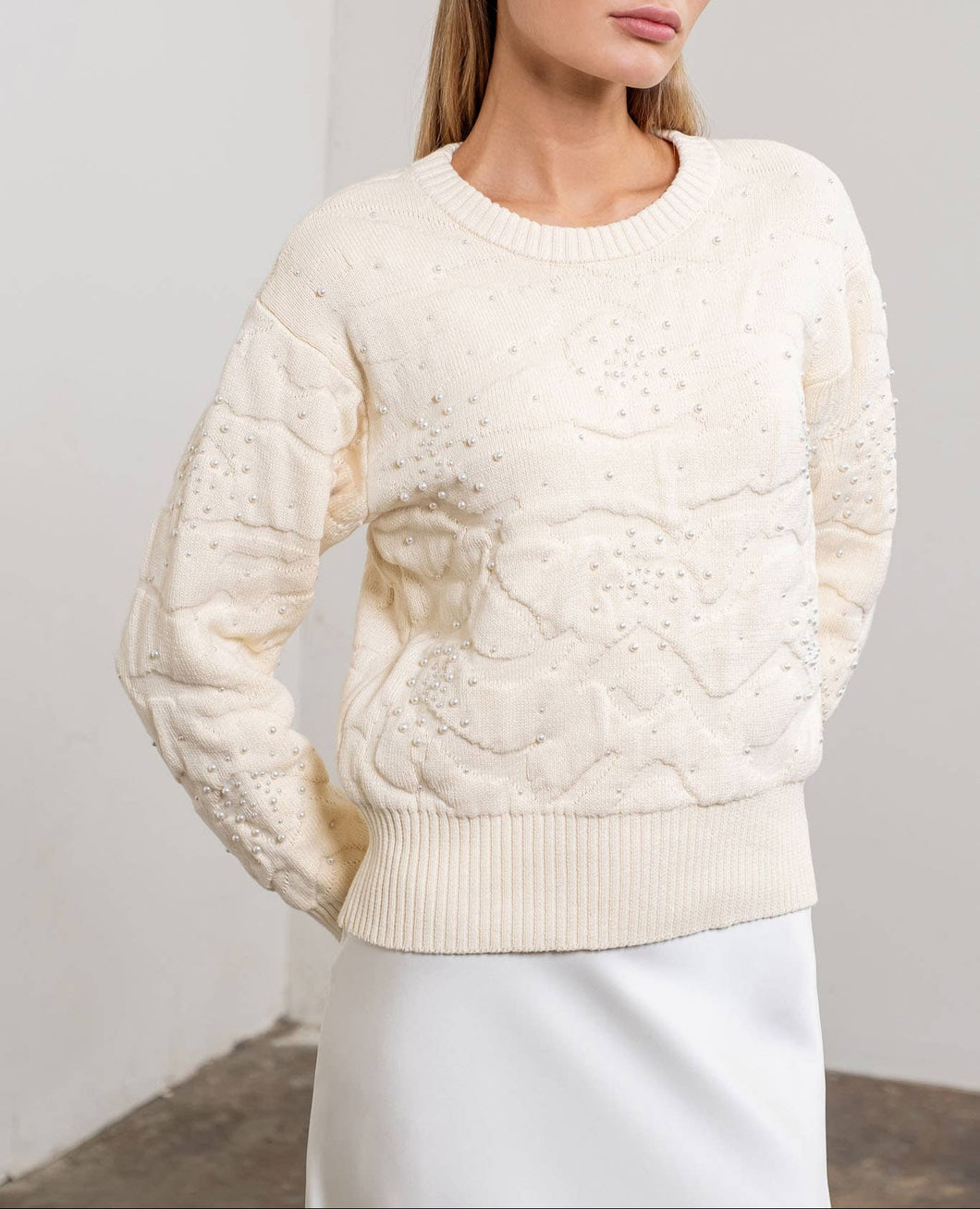 Pearl Jacquard Crewneck Pullover Sweater