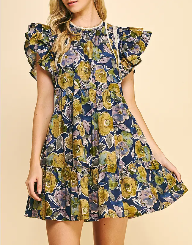 Navy Floral Pictuck Mini Dress