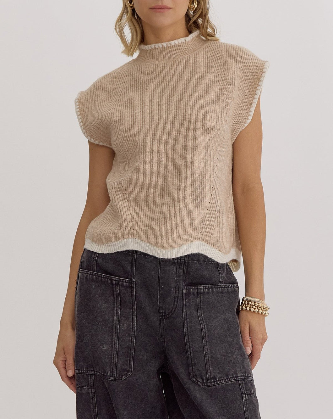 Oatmeal Mock Neck Knit Sweater Top