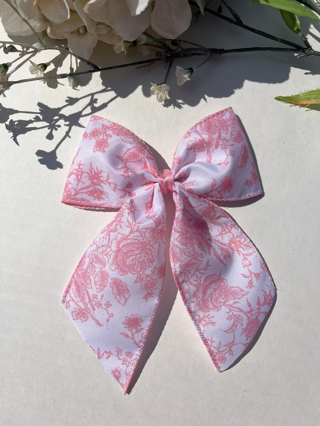 Rose Cream French Toile Long Tail Hair Bow