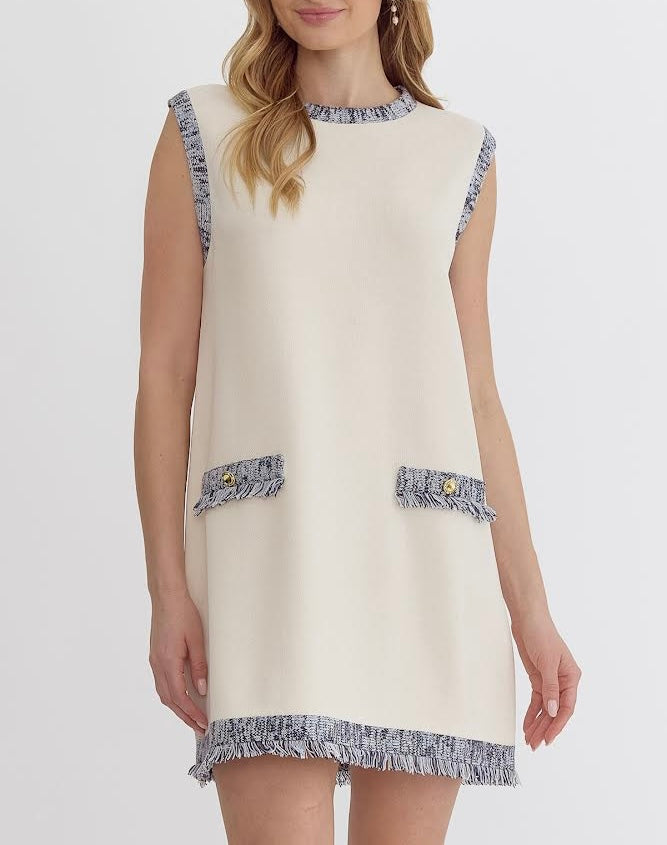 Cream Denim Tweed Shift Dress