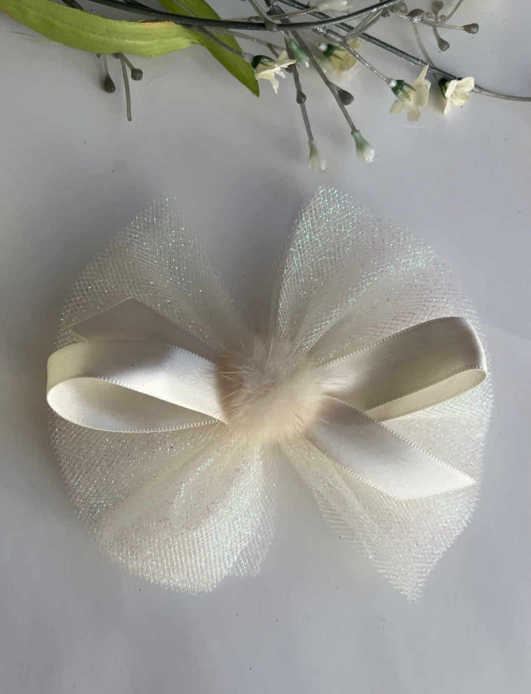 Winter White Shimmer Tulle Bow Hair Clip