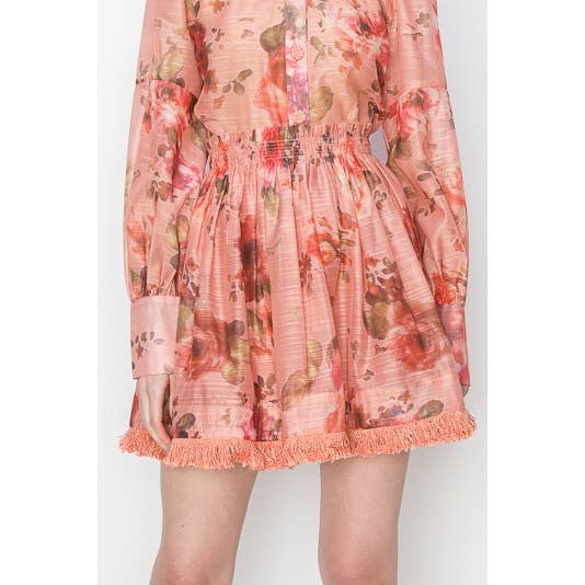 Floral Print Fringed Hemline Mini Skirt