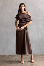 Load image into Gallery viewer, Chocolate Brown One Shoulder Ruched Midi Dress
