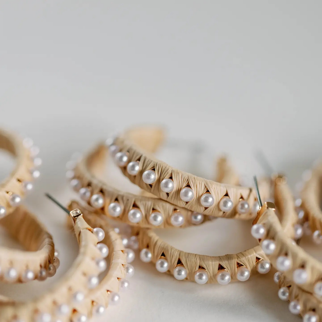 Natural Raffia Pearl Statement Hoop Earrings