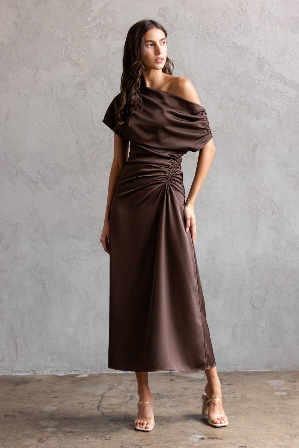 Chocolate Brown One Shoulder Ruched Midi Dress