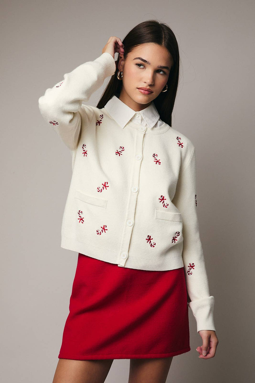 Candy Cane Embroidered Cardigan Sweater