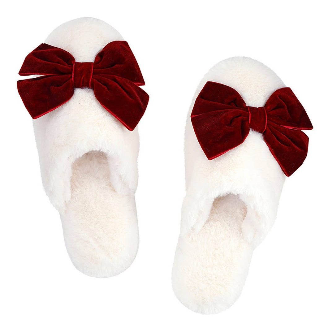 Ivory & Burgundy Velvet Bow Slippers