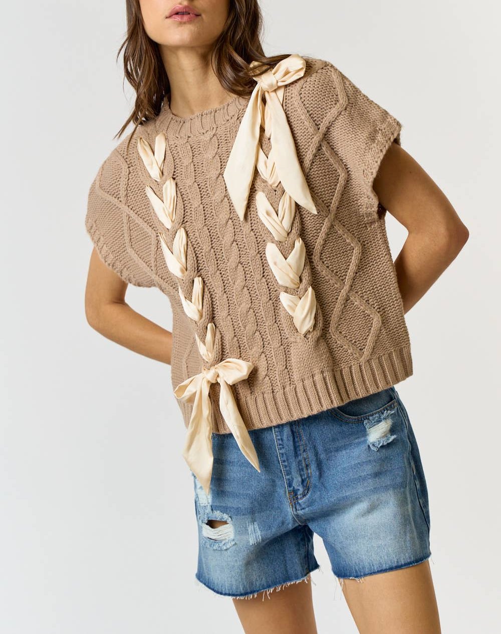 Satin Bow Cable Knit Sweater Vest Top