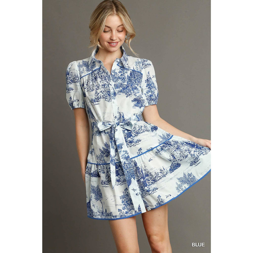 French Toile Button Down Mini Dress