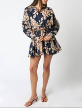 Load image into Gallery viewer, Midnight Blue Floral Belt Long Sleeve Dress
