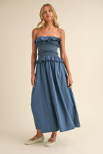 Load image into Gallery viewer, Ruffled Strapless Denim Midi Dress
