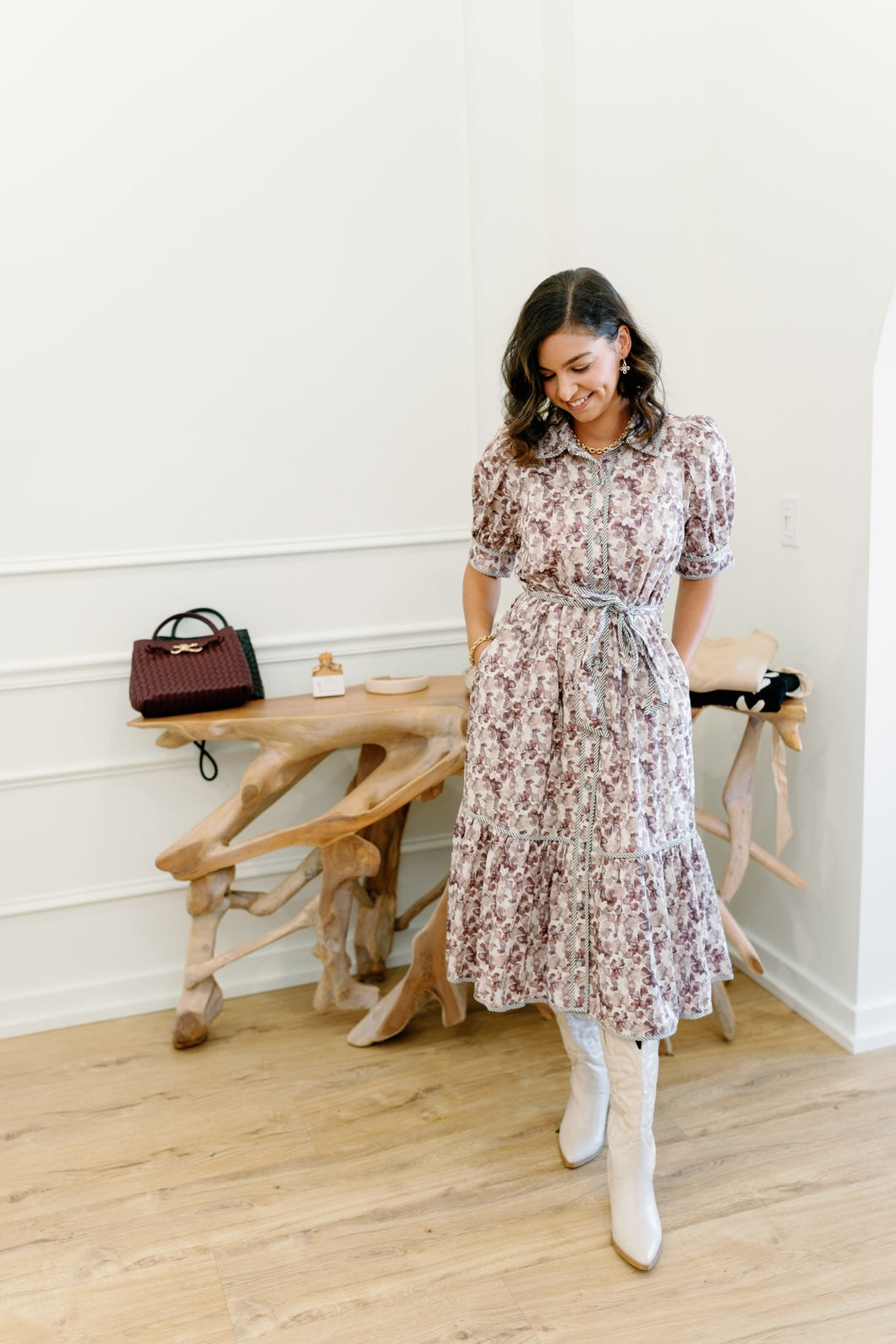 Fall Hydrangea Short Sleeve Midi Dress