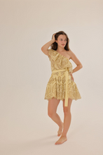 Load image into Gallery viewer, Golden Goddess One Shoulder Ruffle Dress
