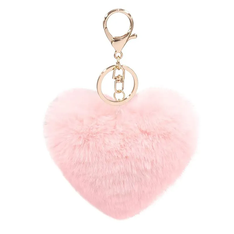 Pink Heart Pom Pom Fuzzy Keychain