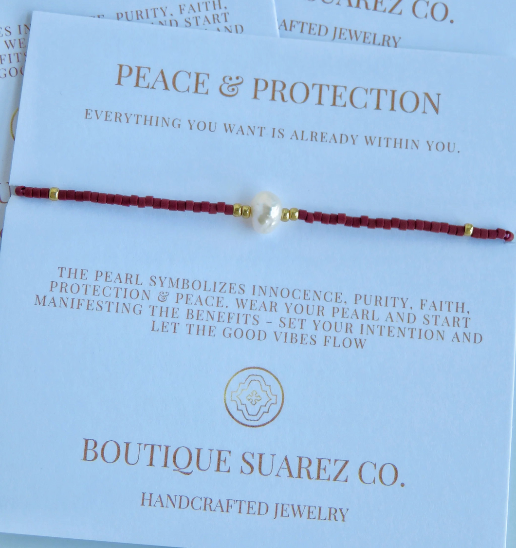 Burgundy Rena Pearl Peace & Protection Carded Bracelet