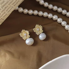 Load image into Gallery viewer, Golden Flower Pearl Drop Earrings
