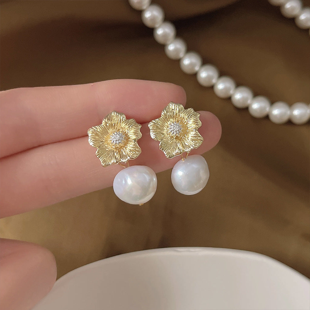 Golden Flower Pearl Drop Earrings