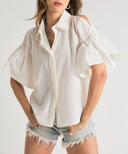Load image into Gallery viewer, Pearl Trimmed Shirt Collar Cold Shoulder Top
