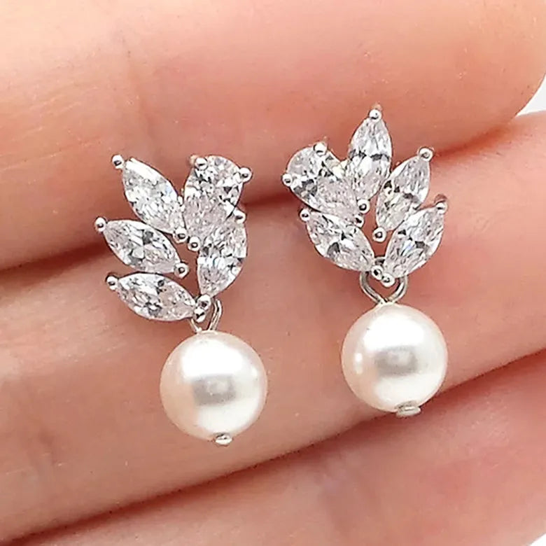 Zircon Leaf Pearl Drop Earrings