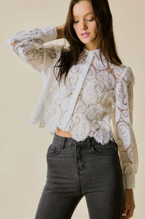 Lace Long Sleeve Button Down Cropped Shirt