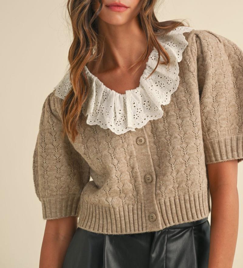 Lace Collar Pointelle Cardigan Sweater