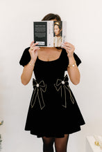 Load image into Gallery viewer, Velvet Pearl Bow Black Mini Dress
