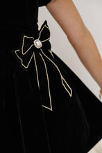 Load image into Gallery viewer, Velvet Pearl Bow Black Mini Dress
