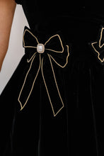 Load image into Gallery viewer, Velvet Pearl Bow Black Mini Dress

