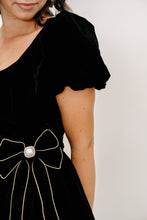 Load image into Gallery viewer, Velvet Pearl Bow Black Mini Dress
